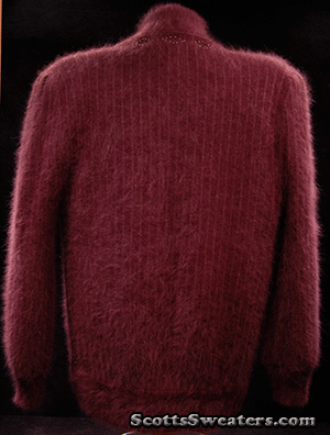 Woman's 2-piece matching deep-purple Angora sweater set with short-sleeve top and open-front cardigan with leather applique
