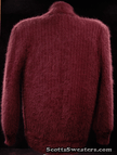 Woman's 2-piece matching deep-purple Angora sweater set with short-sleeve top and open-front cardigan with leather applique