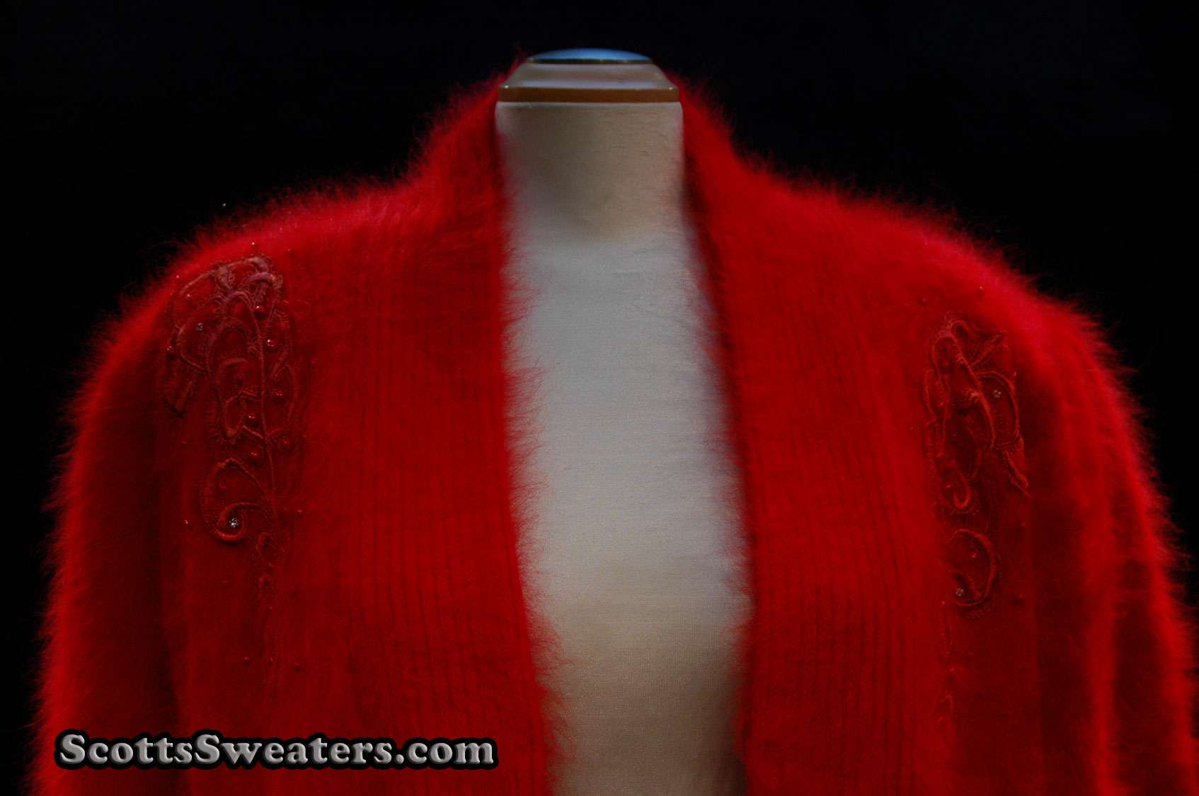 Plus-sized deep-red angora sweater-coat with embroidery and side pockets by Lee Sands