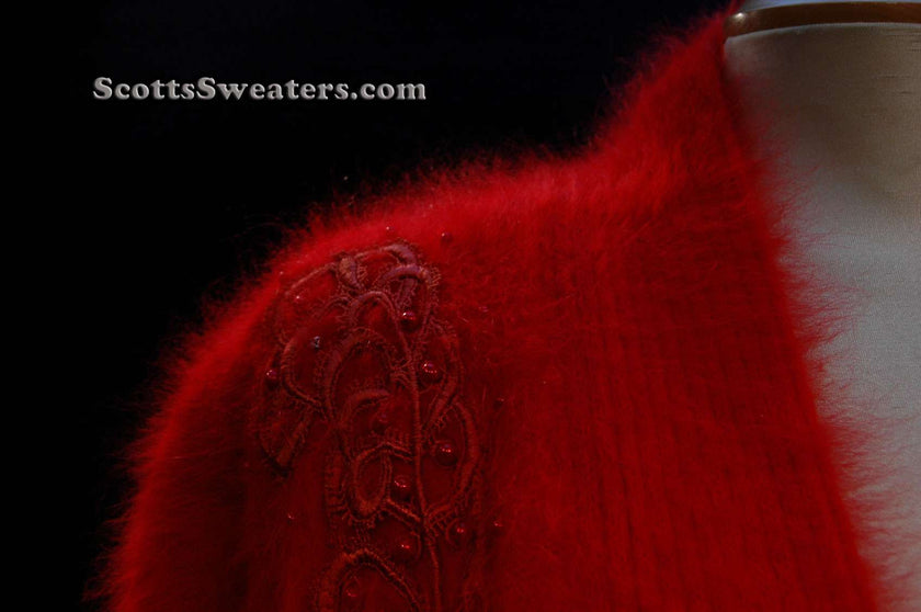 Plus-sized deep-red angora sweater-coat with embroidery and pockets by Lee Sands