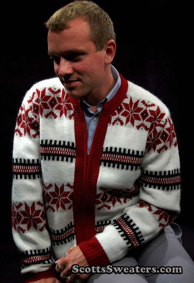 Men's retro zipper-front white faux-mohair cardigan with red snowflake design