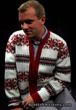 Men's retro zipper-front white faux-mohair cardigan with red snowflake design