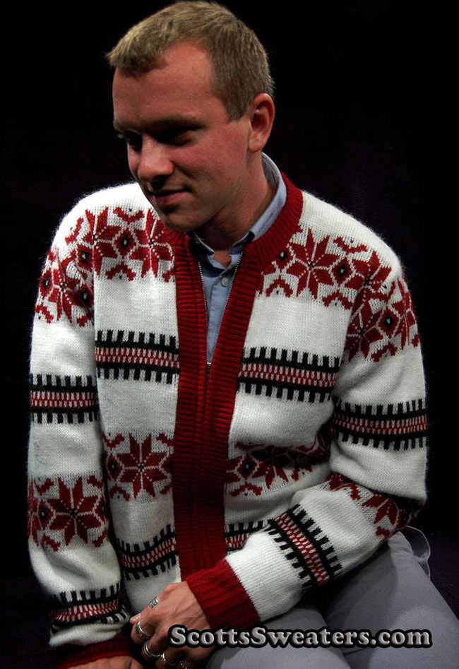 Men's retro zipper-front white faux-mohair cardigan with red snowflake design