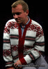 Men's retro zipper-front white faux-mohair cardigan with red snowflake design