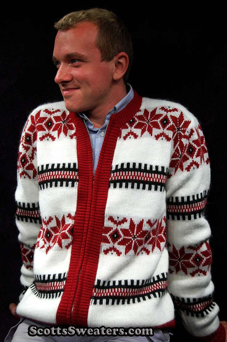 Men's Retro zipper-front white faux-mohair cardigan with red snowflake design