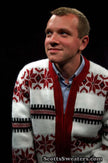 Men's retro zipper-front white faux-mohair cardigan with red snowflake design