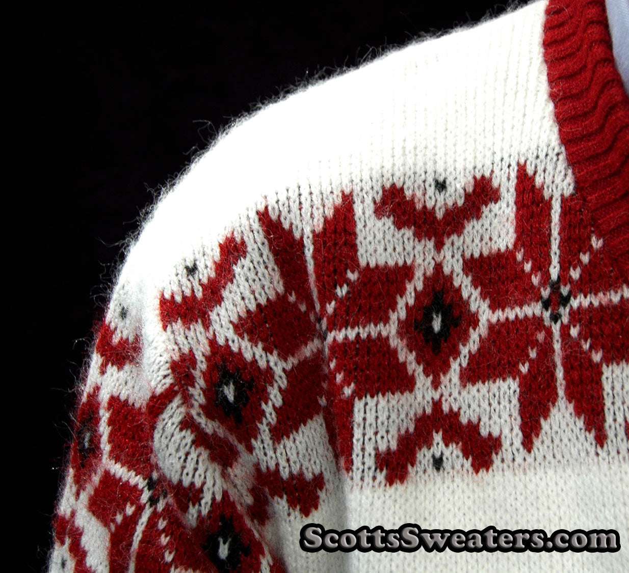 Men's retro zipper-front white faux-mohair cardigan sweater with red snowflake design