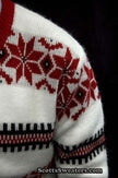 Men's retro zipper-front white cardigan with red snowflake design in faux-mohair