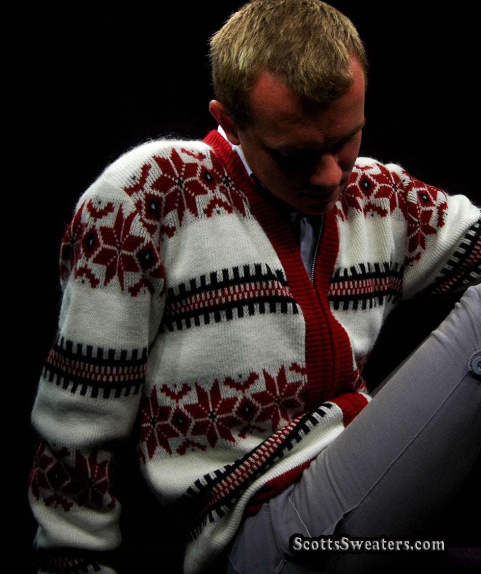 Men's retro zipper-front white faux-mohair cardigan with red snowflake design