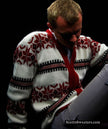 Men's retro zipper-front white faux-mohair cardigan with red snowflake design
