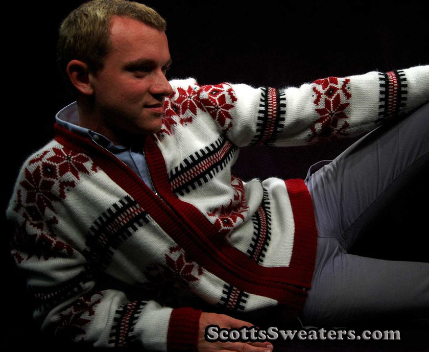 Men's retro zipper-front white cardigan sweater with red snowflake design and faux-mohair material