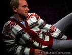 Men's retro zipper-front white faux-mohair cardigan with red snowflake design