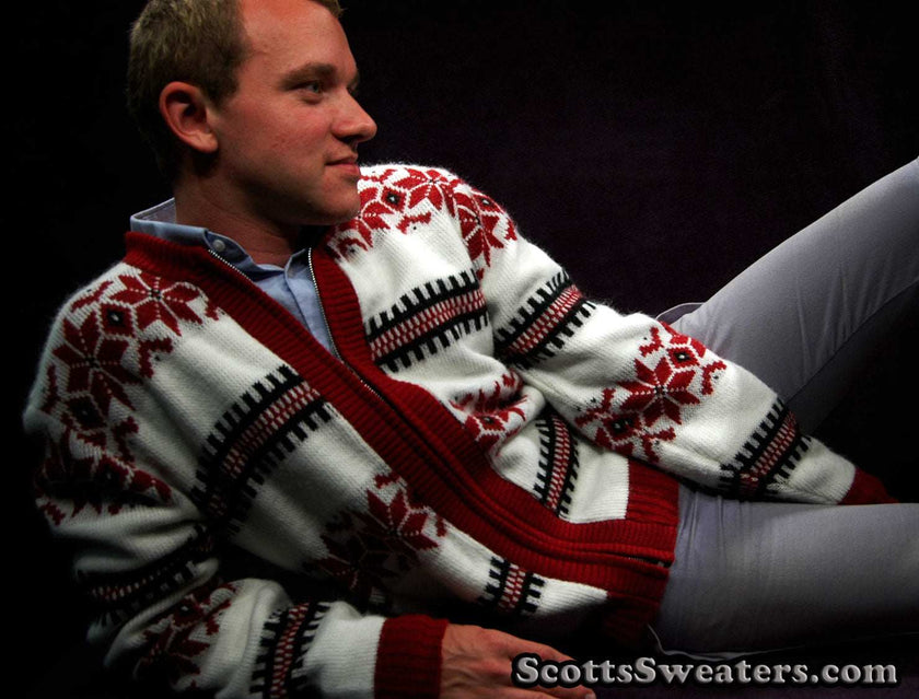 Men's retro zipper-front white faux-mohair cardigan with red snowflake design