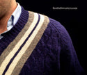 Men's navy-blue wool V-neck pullover tennis sweater with white and gray stripes by The Gap