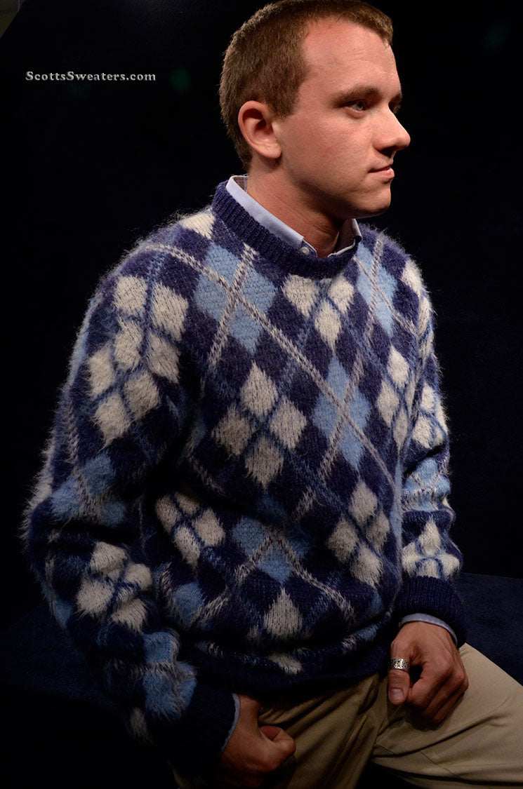 Blue retro argyle shaggy mohair crewneck sweater medium size