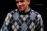Blue retro argyle shaggy mohair crewneck sweater medium size
