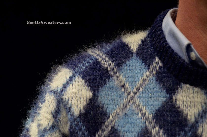 Blue retro argyle shaggy mohair crewneck sweater medium size