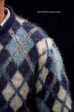 Blue retro argyle shaggy mohair crewneck sweater medium size