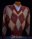 Retro shaggy argyle mohair V-neck sweater in three colors by Munsingwear displayed on mannequin