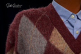 Retro shaggy three-color argyle mohair V-neck sweater in burgundy, gray, and tan colors.