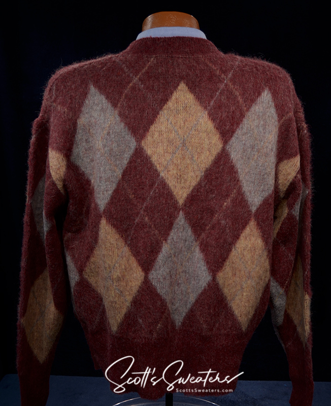 Retro shaggy argyle mohair V-neck sweater in three colors by Munsingwear.