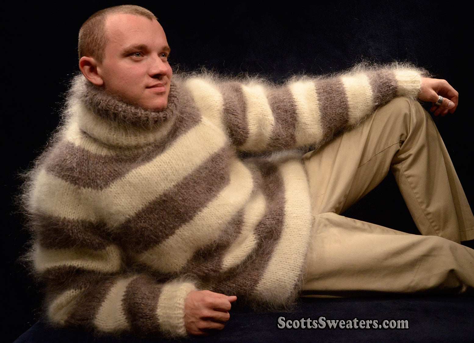 Men's handknit striped mohair turtleneck sweater in two colors, medium to XL fit, warm and fuzzy.