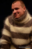 Men's handknit striped mohair turtleneck sweater in two colors, medium to XL fit