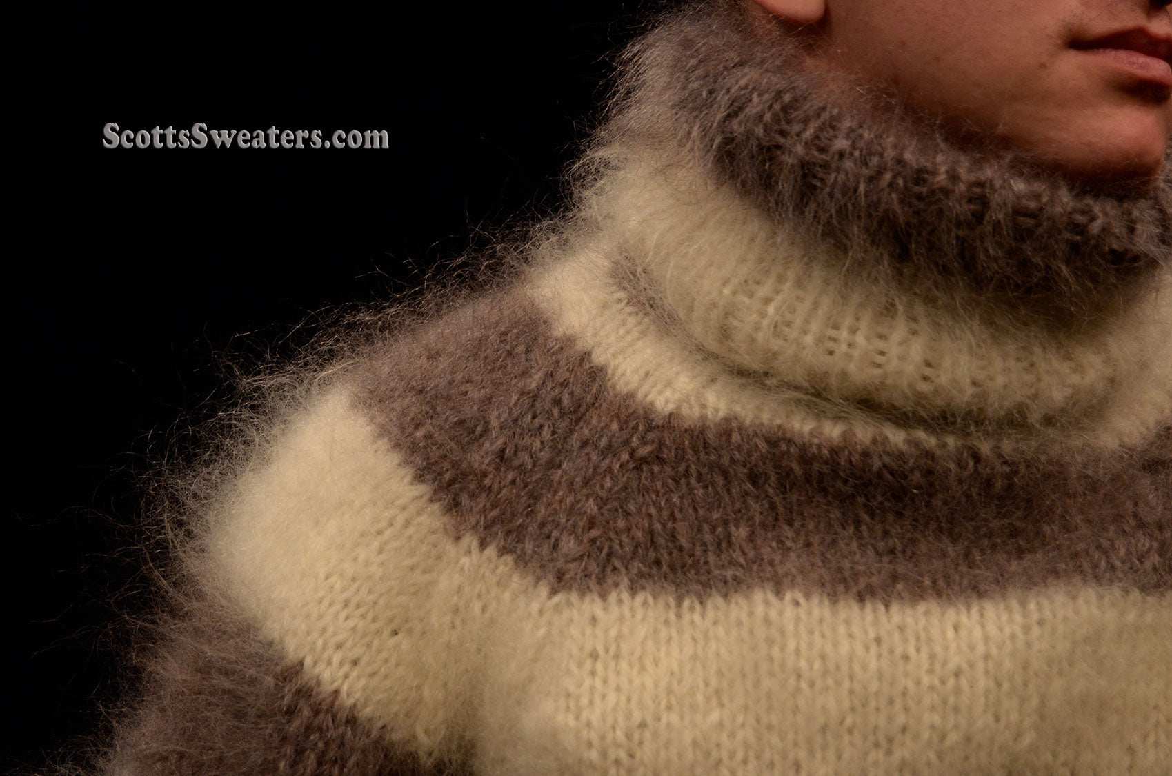Men's handknit striped mohair turtleneck sweater in two colors, warm and fuzzy, medium to XL fit