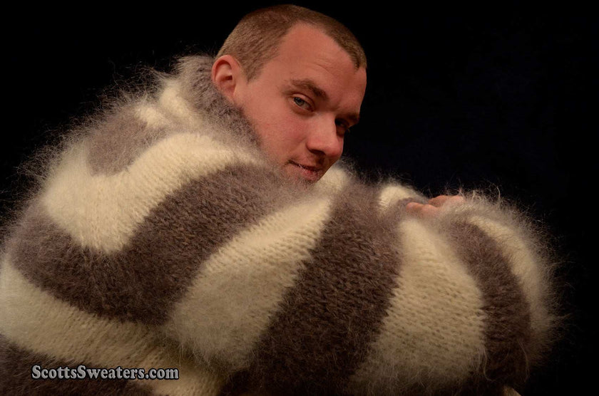 Men's handknit striped turtleneck mohair sweater in two colors, medium to XL fit, warm and luxurious