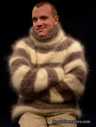 Men's handknit striped turtleneck mohair sweater in two colors, medium to XL fit, warm and fuzzy design