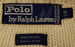 Polo by Ralph Lauren ivory cable-knit wool tennis sweater with colorful striped neckline, size medium