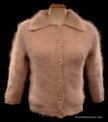 Woman wearing exquisite taupe angora sweater-shirt with nylon lining and soft fuzzy texture in XX-Small size