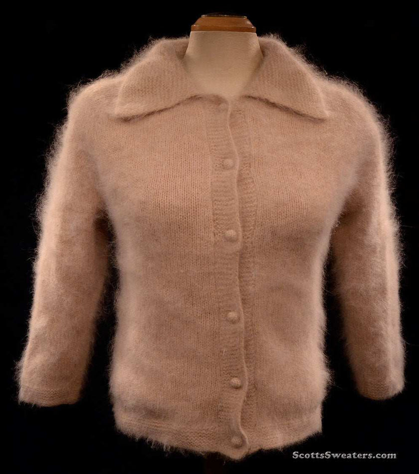 Woman wearing exquisite taupe angora sweater-shirt with nylon lining and soft fuzzy texture in XX-Small size