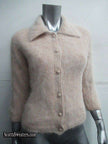 Woman wearing exquisite taupe soft fuzzy angora sweater-shirt with nylon lining in XX-Small size