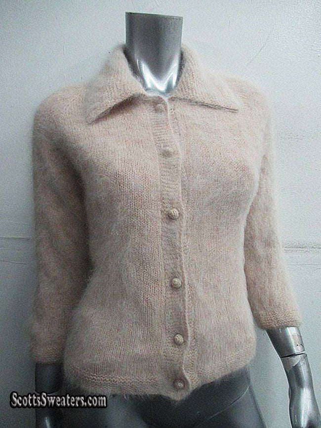 Woman wearing exquisite taupe soft fuzzy angora sweater-shirt with nylon lining in XX-Small size