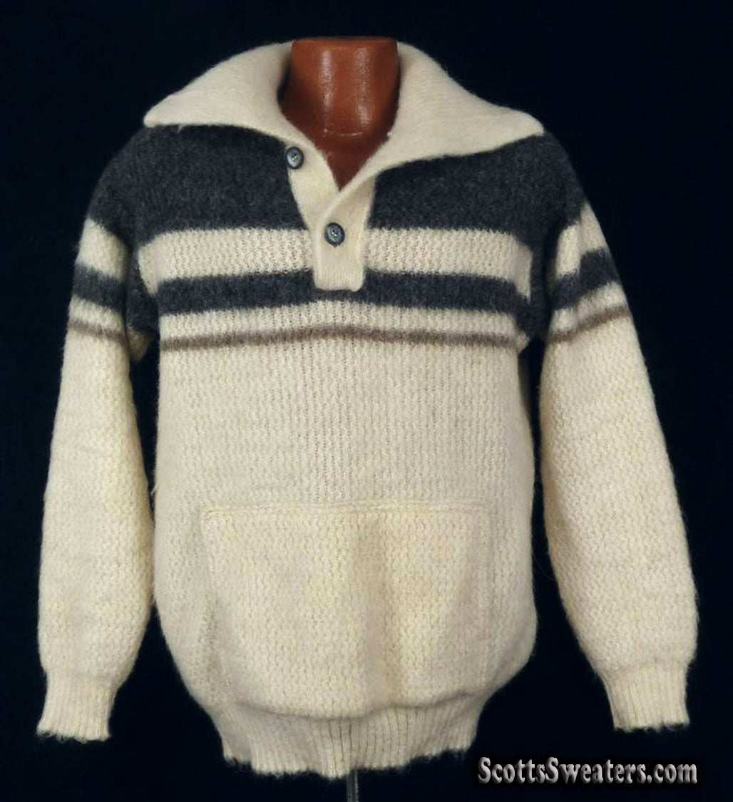 Men's retro Icelandic wool ivory polo-neck sweater with steel-grey stripes, two-button pullover, medium size