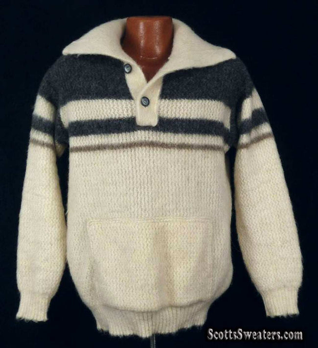 Men's retro Icelandic wool ivory polo-neck sweater with steel-grey stripes, two-button pullover, medium size