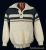 Men's retro Icelandic wool ivory polo-neck sweater with steel-grey stripes, two-button pullover, medium size