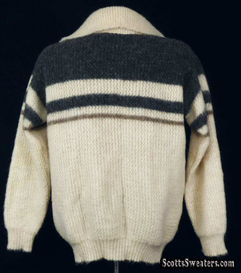 Men's retro ivory Icelandic wool polo-neck sweater with steel-grey stripes and two buttons, medium size