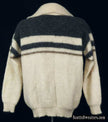 Men's retro ivory Icelandic wool polo-neck sweater with steel-grey stripes and two buttons, medium size