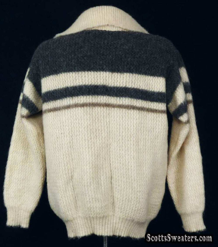 Men's retro ivory Icelandic wool polo-neck sweater with steel-grey stripes and two buttons, medium size