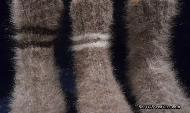 Soft and fuzzy thick hand-knit Siberian Angora socks with stripes for warmth