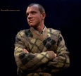 Tan retro shaggy argyle mohair V-neck sweater by Rob Scott, medium size