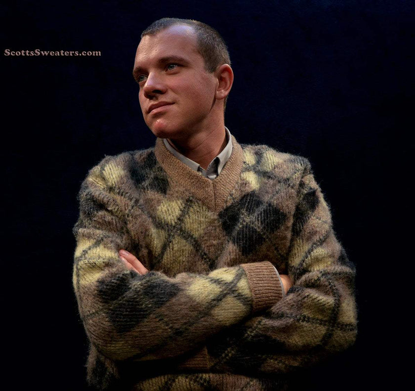Tan retro shaggy argyle mohair V-neck sweater by Rob Scott, medium size