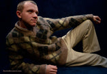 Tan retro shaggy argyle mohair V-neck sweater by Rob Scott medium size