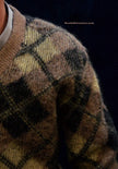 Tan retro shaggy argyle mohair V-neck sweater by Rob Scott medium 42