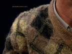 Tan retro shaggy argyle mohair V-neck sweater by Rob Scott medium size
