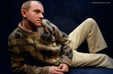 Tan retro shaggy argyle mohair V-neck sweater by Rob Scott medium size