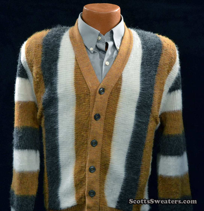 Men's Retro Striped multi-striped button-front faux-mohair cardigan sweater by Brent in small size