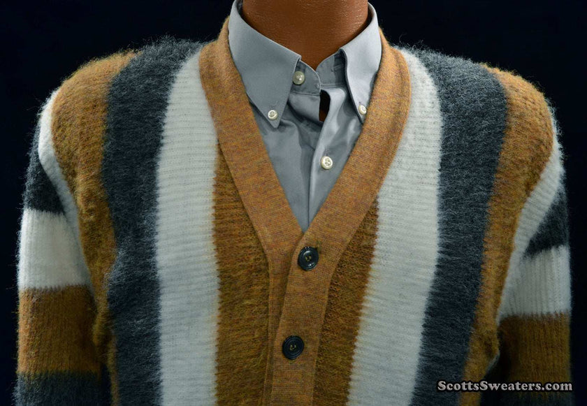 Men's retro striped multi-colored button-front faux-mohair cardigan sweater by Brent in small size